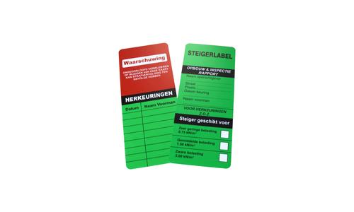Een wit rood steigerlabeletui en een geel zwarte steigerlabel met tekst erop.