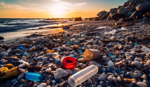 Een strand met afval erop.